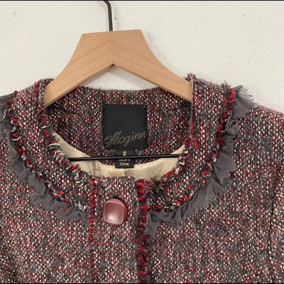 McGinn Women’s 2 Burgundy Gray Tweed Long Button Down Peacoat Fringe Pockets - Picture 3 of 7